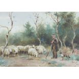 Adrianus Johannes Groenewegen (1874-1963) - Pair of watercolours - Shepherd with a flock of sheep,