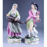 A Pair of Porcelain Figures of Musicians, 19th Century, after Meissen originals, she playing the