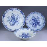 Three Pieces of Worcester Blue and White Porcelain, Circa 1770-85, printed with "Pine Cone" pattern,