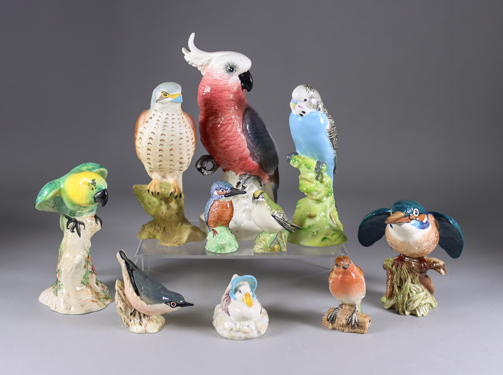 Ten Beswick Pottery Bird Models, including - cockatoo, model no. 1180, 8.5ins high, parakeet,