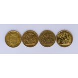 Four Victoria and George V Half Sovereigns, 1887, 1895, 1911, 1912