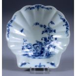 A Worcester Blue and White Porcelain Shell Tray, Circa 1755, painted with "The Two Peony Rock"