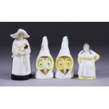 Four Royal Worcester Bone China Candle Snuffers - nun, 3.75ins high, French cook, 2.625ins high, and