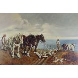 Norris Fowler Willatt (1859-1924) - Oil painting - Ploughing scene with heavy horses and seagulls,