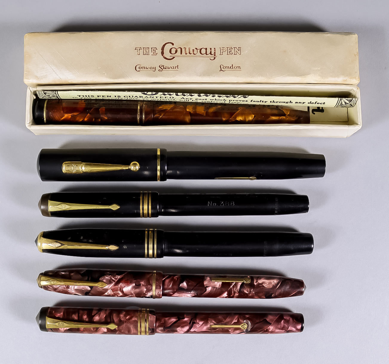 Six Fountain Pens by Conway Stewart, all with gold nibs