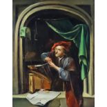 19th Century Continental School - Oil painting - Half length portrait of a scholar working by an