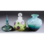 An Okra Studio Glass Vase, 2000, with "Wings of Flight" design, 4ins high, a scent bottle with "