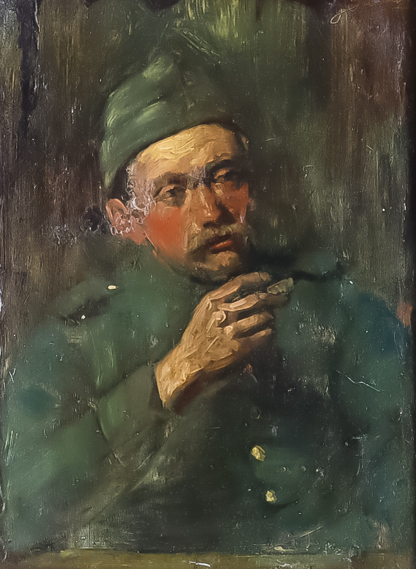 19th Century Continental School - Oil painting - Half length portrait of a soldier smoking, panel