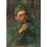 19th Century Continental School - Oil painting - Half length portrait of a soldier smoking, panel