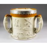 A Staffordshire Salt Glazed Silver Mounted Three-Handled Tyg, the handles modelled as greyhounds,