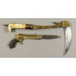 A Late 19th Century Indo Persian Horsemans Sickle, 6in "flick out" curved blade, brass spine