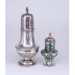 A Victorian Silver and Green Glass Lined Castor and a George VI Silver Sugar Caster, the Victorian