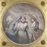 Late 18th Century English School - Coloured mezzotint - Three girls dancing, 7.75ins diameter, in