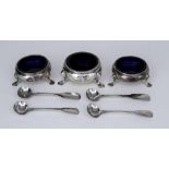 A Pair of George III Silver Cauldron Salts, One Other and Four Condiment Spoons, the pair of salts