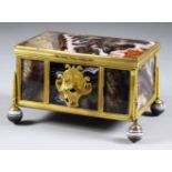 A Continental Gilt Brass and Polished Agate Trinket Box, 19th Century, with engraved key escutcheon,