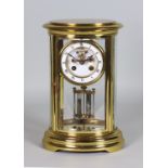 A Late 19th Century French Lacquered Brass Oval Four Glass Mantel Clock, the 3.5ins enamelled