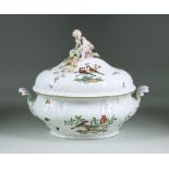 A Meissen Porcelain Two-Handled Tureen and Cover, 18th Century, the body painted with birds and
