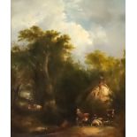 Richard H. Hilder (1813-1852) - Oil painting - "Figures by a Country Cottage" - Rural landscape with