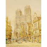 H. Schafer (19th Century) - Watercolour - "Rheims" - A street scene with the cathedral, signed and