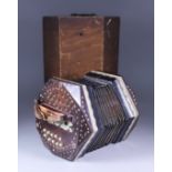 A German Concertina, Late 19th Century, with rosewood ends, twenty bone tipped keys and colour