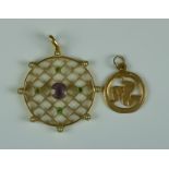 An Amethyst, Peridot and Seed Pearl Pendant, Modern, 9ct gold set with a centre faceted amethyst