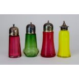Four Coloured Glass and Plated Mounted Sugar Casters, and Mixed Items, the casters of various