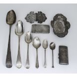 A George III Silver Bright Cut "Old English" Pattern Gravy Spoon and mixed silverware, the gravy