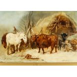 Harden Sidney Melville (1824-1894) - Oil painting- Farmyard scene with long horned cattle and cart