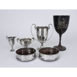 A Pair of Elizabeth II Silver Mounted Coasters and Mixed Silverware, the coasters by M. C.