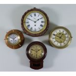 A Mahogany Drop Dial Type Wall Timepiece of Small Proportions, Two Bulkhead Timepieces and a Ship'