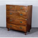 A Late 19th Century Mahogany and Brass Bound Military Chest, fitted two short and three long