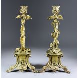 A Pair of Continental Gilt Bronze Candlesticks, 19th Century, cast as entwined branches supporting