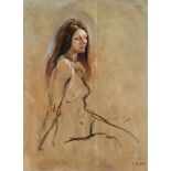 ***Susan Crawford (born 1941) - Oil painting - "Nude Sitting", signed, panel 17.25ins x 12.75ins, in