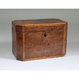 An English Burr Yew Wood Two-Division Octagonal Tea Caddy, Early 19th Century, 7.25ins x 4.25ins x