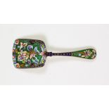 An Early 20th Century Continental Silvery Metal and Champleve Enamel Caddy Spoon, unmarked,