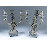 A Pair of French Brass and Marble Three-Light Candelabra, 19th Century, the fluted centre columns