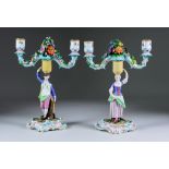 A Pair of Meissen Porcelain Two-Light Candelabra, 20th Century, modelled as male and female