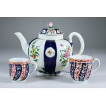 A Worcester Fluted Teapot and a Cover, Circa 1770, enamelled in colours with the "Queens" pattern,