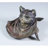 A Bronze Novelty Cold Painted Cat's Head Pattern Inkwell, Late 19th Century, with glass eyes, 3.5ins