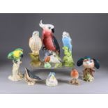 Ten Beswick Pottery Bird Models, including - cockatoo, model no. 1180, 8.5ins high, parakeet,