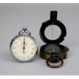 A Mid-20th Century American Chrome Cased Open Faced Keyless Stopwatch, and a Prismatic Compass,