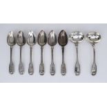 A Set of Six George IV Silver Fiddle and Shell Pattern Dessert Spoons and a Pair of Matching Sauce