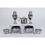 A Pair of George III Silver Circular Salts and a Selection of other Silver Condiments, the