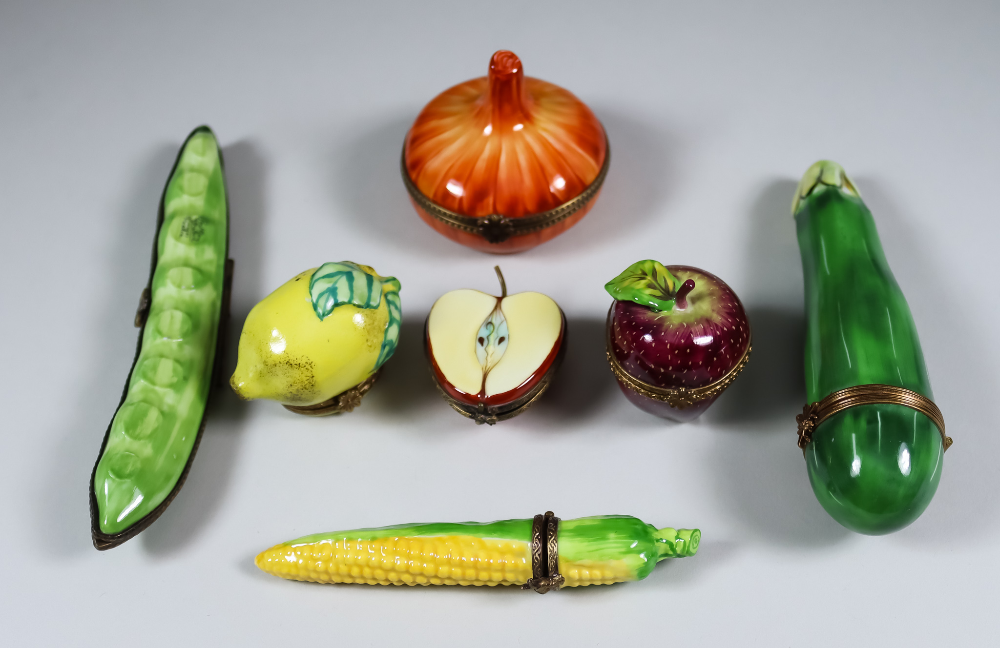 Seven Limoges Porcelain Fruit and Vegetable Trinket Box Models, Late 20th Century, including a broad