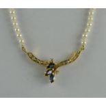 A Sapphire, Diamond and Seed Pearl Necklace, Modern, 18ct gold, set with three small sapphires,