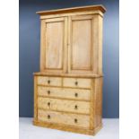 A Victorian Satin Walnut Cabinet on Chest, the upper part with moulded cornice, fitted shelves