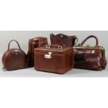 A Selection of The Bridge Brown Leather Bags, including - a rectangular vanity case, 11ins x 8ins