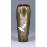 A Japanese Bronze and Mixed Metal Vase, Meiji Period, inlaid in gold, silver and shibuichi with