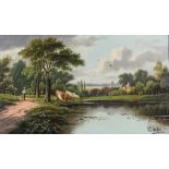 E. Hunton (19th Century) - Oil painting - River landscape with cattle watering and figure on tree-