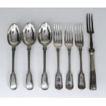 A Set of Six Silver Fiddle and Thread Pattern Dessert Spoons and Six Matching Dessert Forks, by